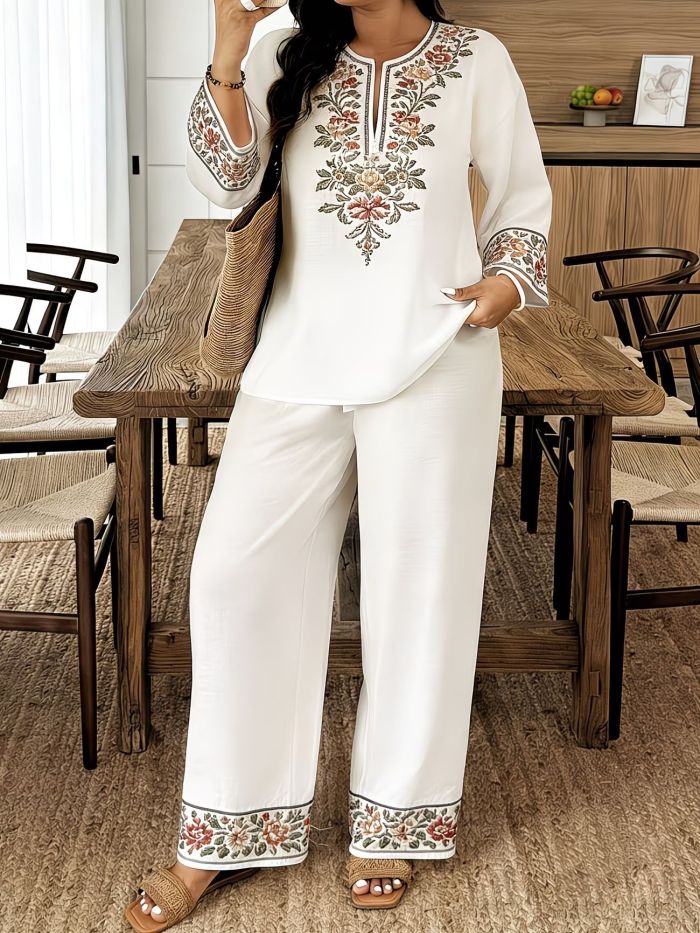 ✨ Fashion Print Blouse & Straight Trousers Two Piece Set 🌿