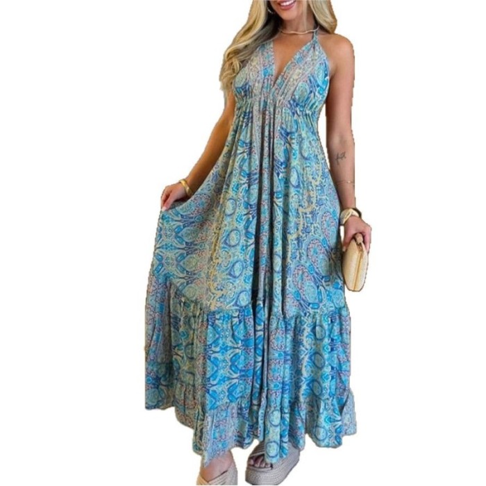 ✨Halter Deep V Lace-Up Backless Ruffle Boho Long Dress✨