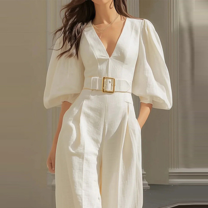 ✨White V Neck Puff Sleeve Cinch Waist Wide Leg Jumpsuit✨