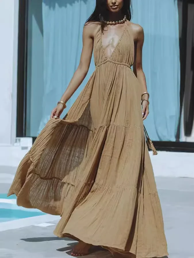 ✨ Solid Color Halter Deep V Backless Slit Maxi Dress ✨