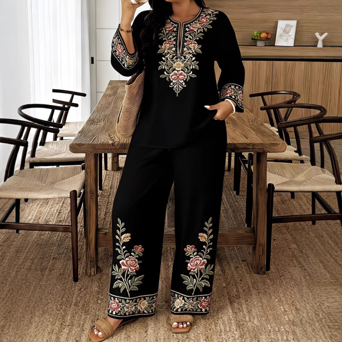 ✨ Fashion Print Blouse & Straight Trousers Two Piece Set 🌿