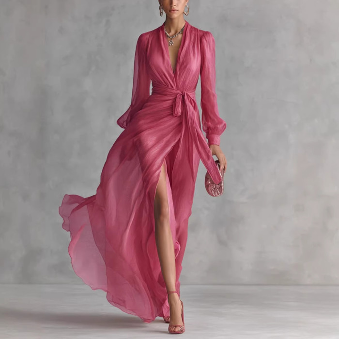 ✨Solid Color V-Neck Long Sleeve Maxi Dress🌙