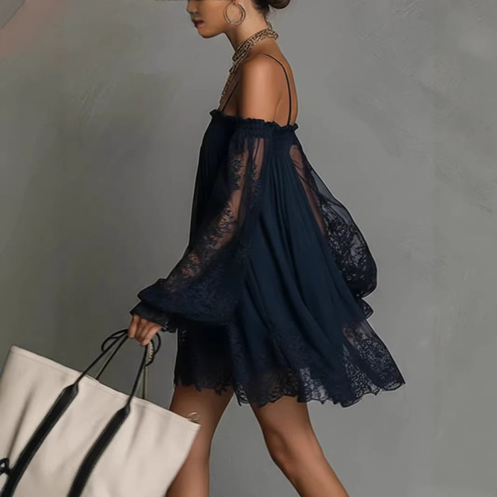 ✨Off Shoulder Lace Long Sleeve Loose Mini Dress✨