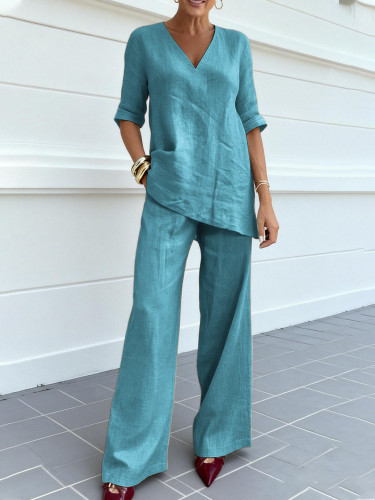 ✨Cotton Linen V-Neck Mid-Sleeve Top & Straight Pants 2-Piece Set✨