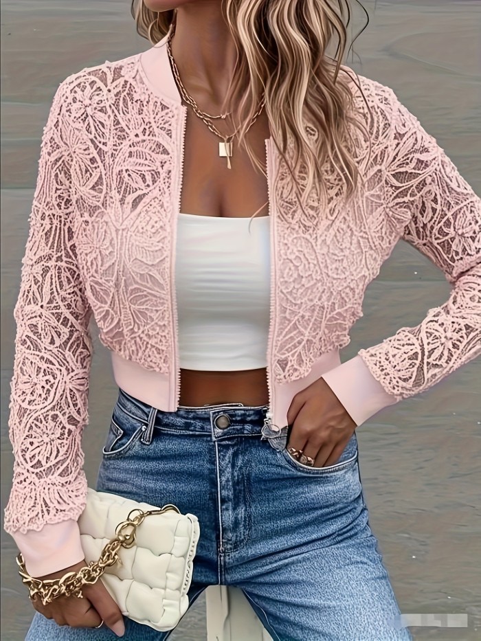 ✨White Crochet Lace Sheer Zip Up Cropped Jacket✨