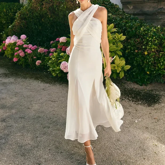 ✨ Ribbon Off-Shoulder Sleeveless Pleated Chiffon Maxi Dress ✨