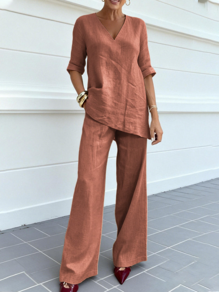 ✨Cotton Linen V-Neck Mid-Sleeve Top & Straight Pants 2-Piece Set✨