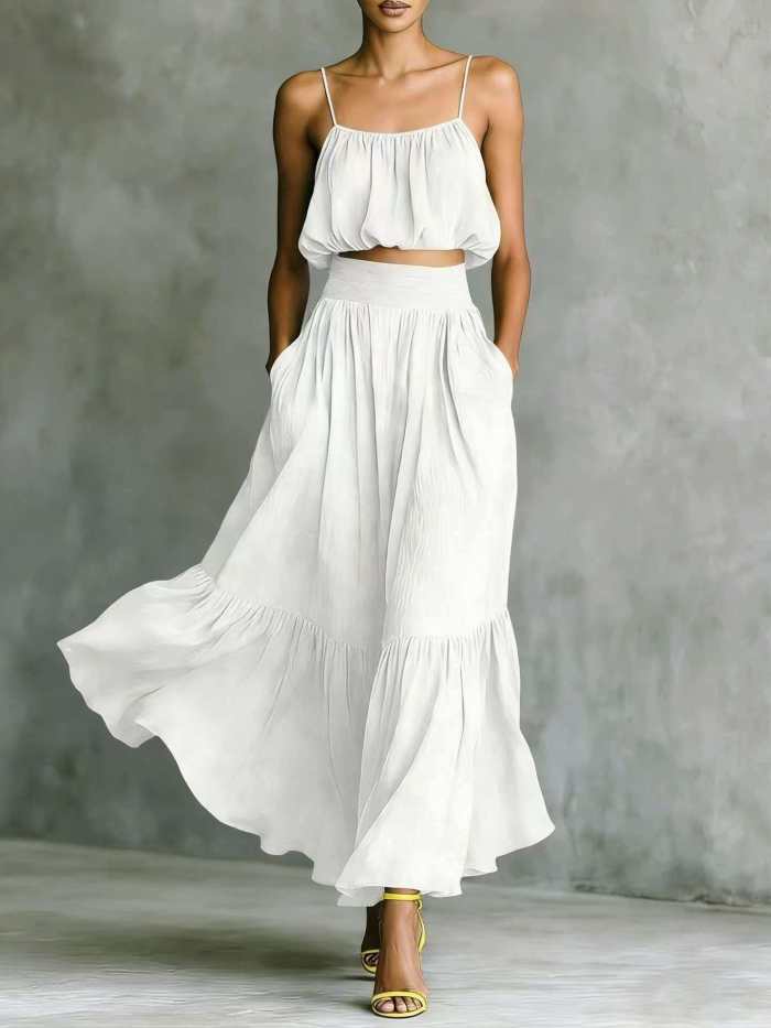 ✨Solid Spaghetti Strap Crop Cami & Ruffle Hem Maxi Skirt Set✨