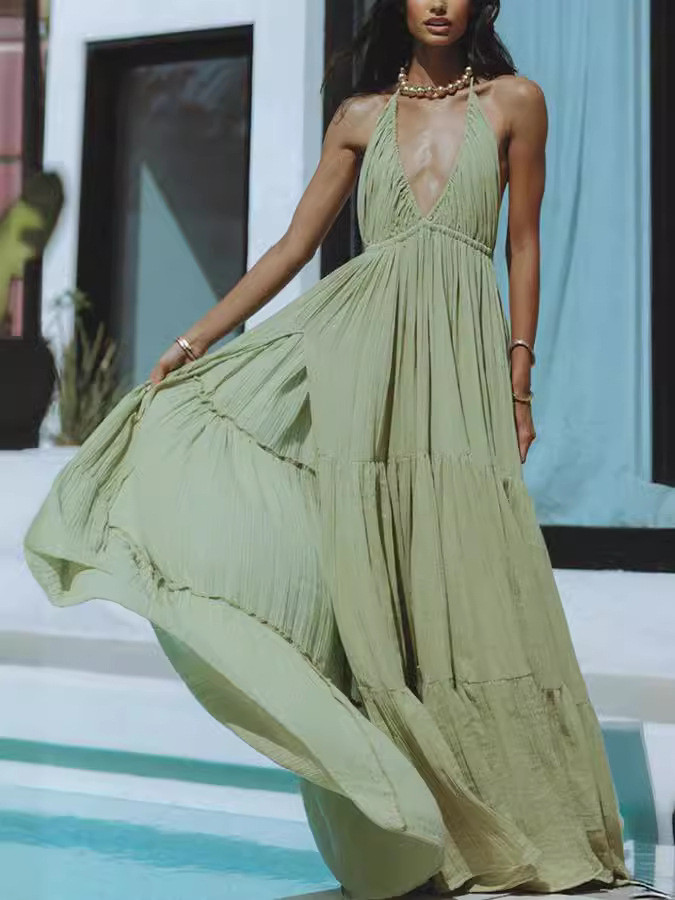 ✨ Solid Color Halter Deep V Backless Slit Maxi Dress ✨
