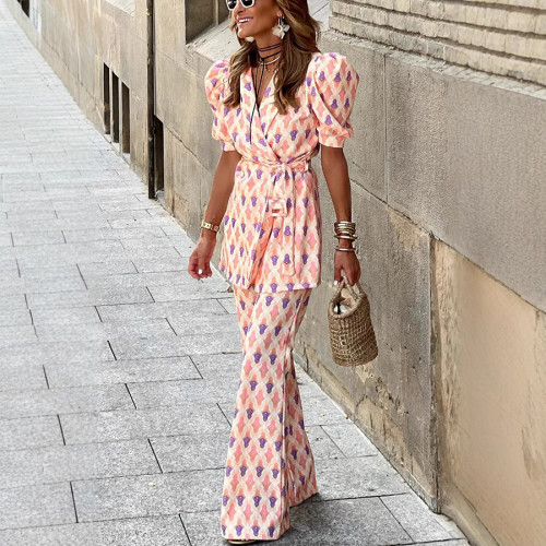 ✨ Lace-Up Short Sleeve Printed Top & Wide Leg Pants 2 Piece Set ✨