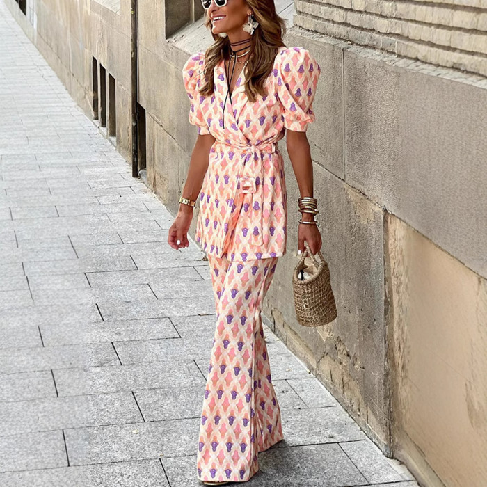 ✨ Lace-Up Short Sleeve Printed Top & Wide Leg Pants 2 Piece Set ✨