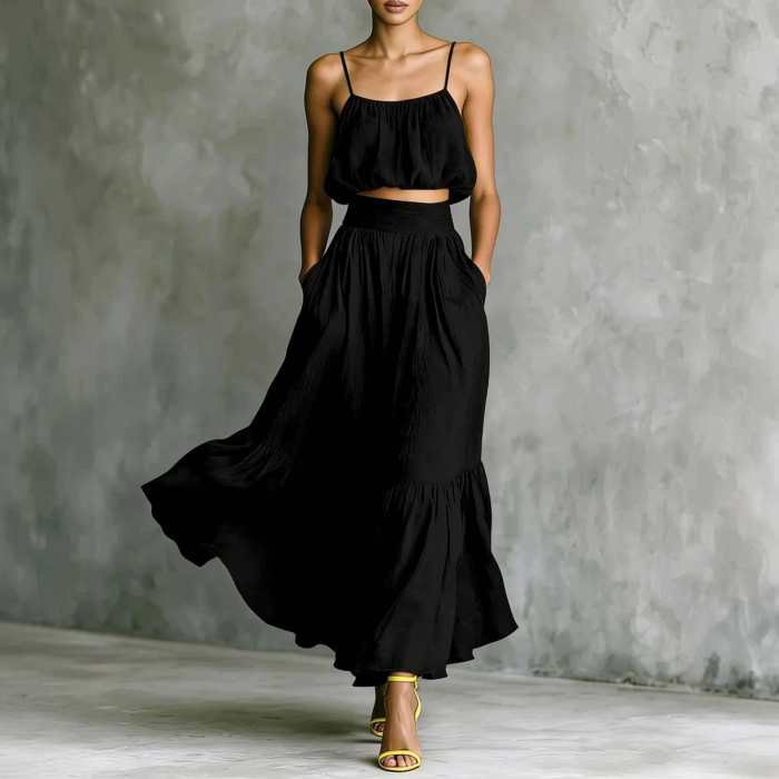 ✨Solid Spaghetti Strap Crop Cami & Ruffle Hem Maxi Skirt Set✨