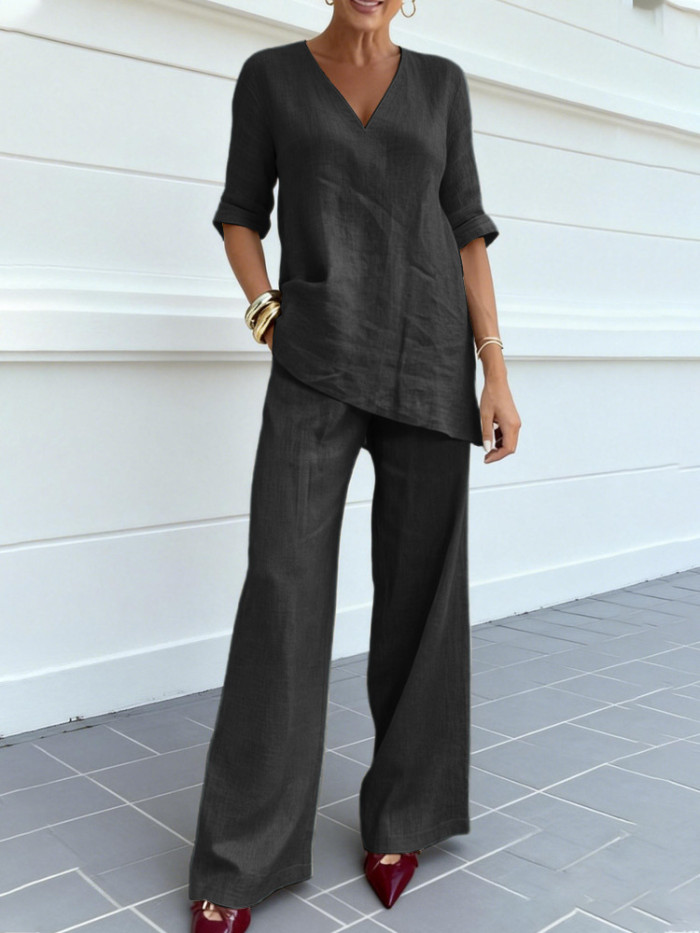✨Cotton Linen V-Neck Mid-Sleeve Top & Straight Pants 2-Piece Set✨