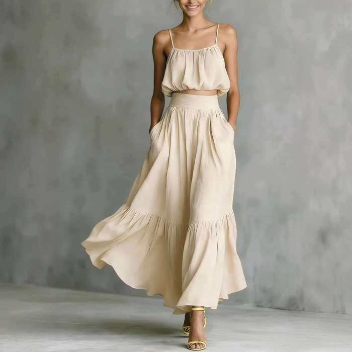 ✨Solid Spaghetti Strap Crop Cami & Ruffle Hem Maxi Skirt Set✨