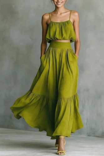 ✨Solid Spaghetti Strap Crop Cami & Ruffle Hem Maxi Skirt Set✨