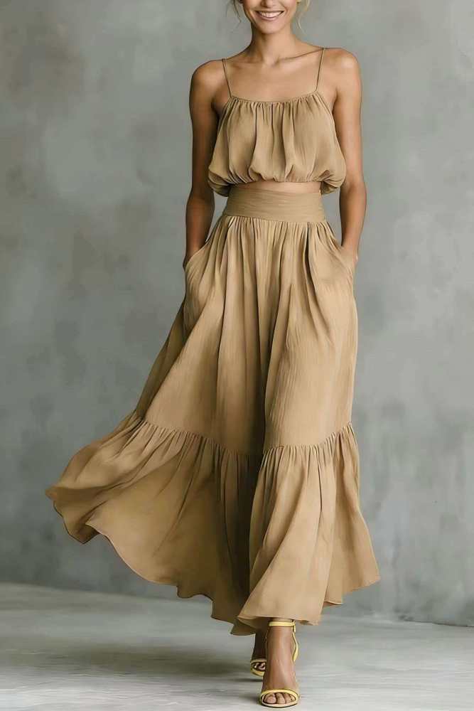 ✨Solid Spaghetti Strap Crop Cami & Ruffle Hem Maxi Skirt Set✨