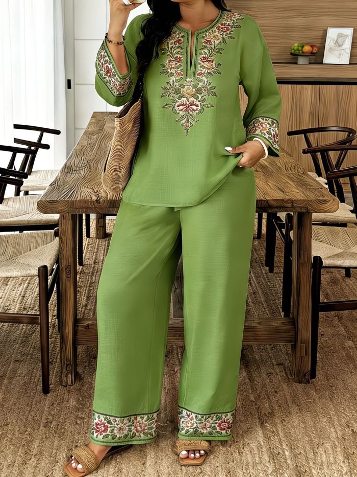 ✨ Fashion Print Blouse & Straight Trousers Two Piece Set 🌿
