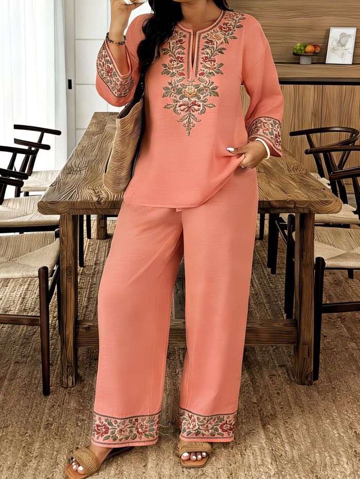 ✨ Fashion Print Blouse & Straight Trousers Two Piece Set 🌿