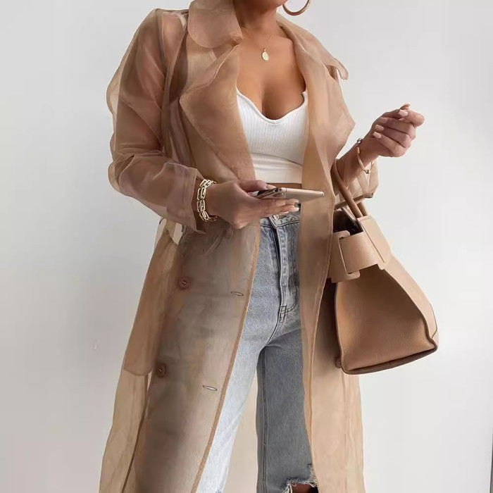 ✨Solid Organza See Through Lapel Long Sleeve Trench Coat🌫️