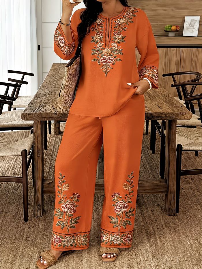 ✨ Fashion Print Blouse & Straight Trousers Two Piece Set 🌿