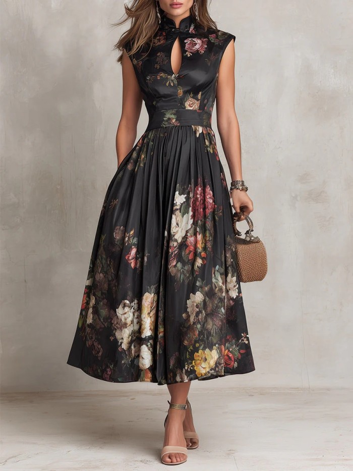 ✨Elegant Floral Satin Sleeveless Midi Evening Gown🌸