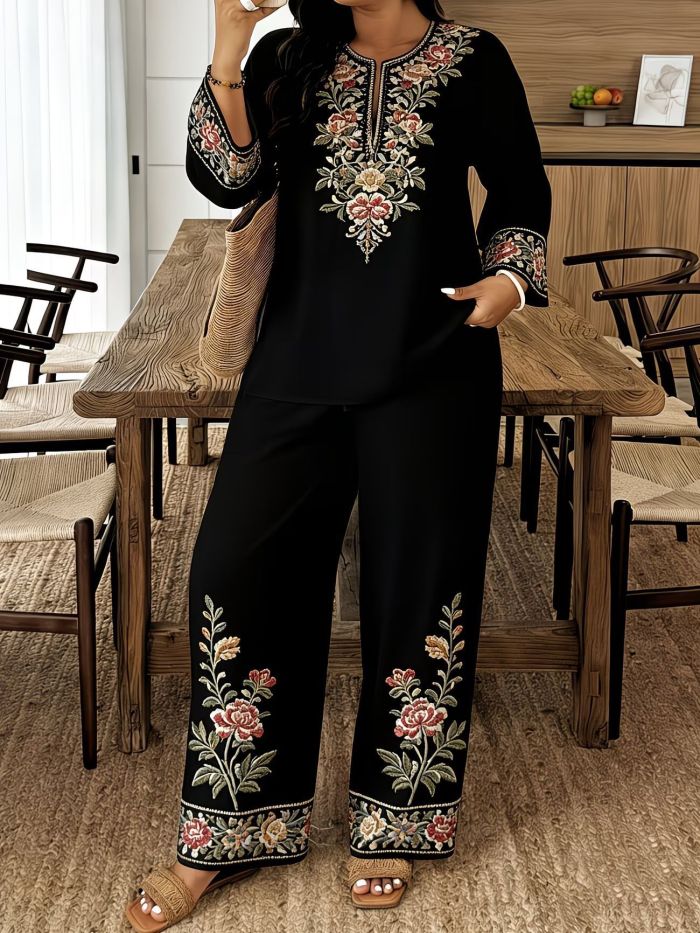 ✨ Fashion Print Blouse & Straight Trousers Two Piece Set 🌿