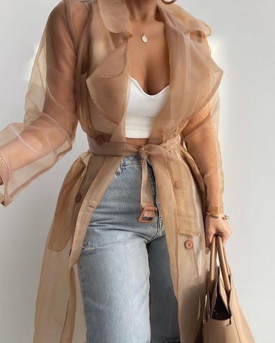 ✨Solid Organza See Through Lapel Long Sleeve Trench Coat🌫️