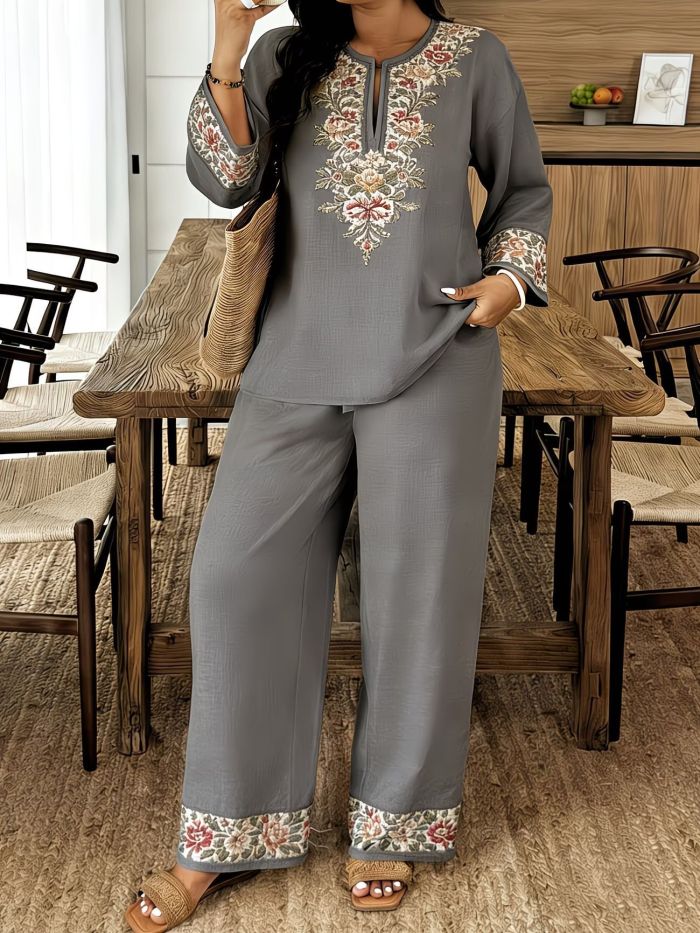 ✨ Fashion Print Blouse & Straight Trousers Two Piece Set 🌿