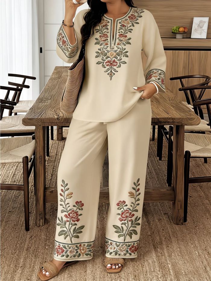 ✨ Fashion Print Blouse & Straight Trousers Two Piece Set 🌿