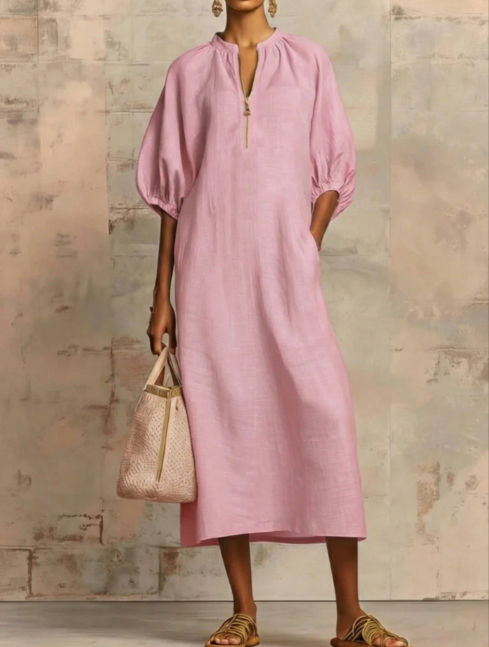 ✨Solid Color Zipper V-Neck Short Sleeve Maxi Dress🌿