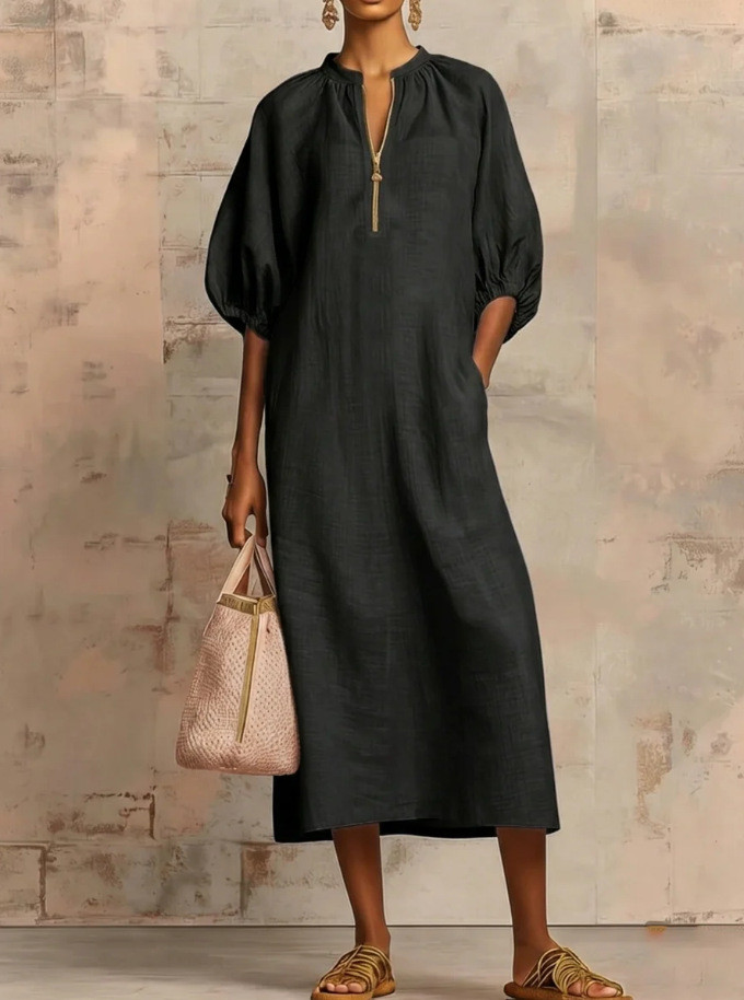 ✨Solid Color Zipper V-Neck Short Sleeve Maxi Dress🌿