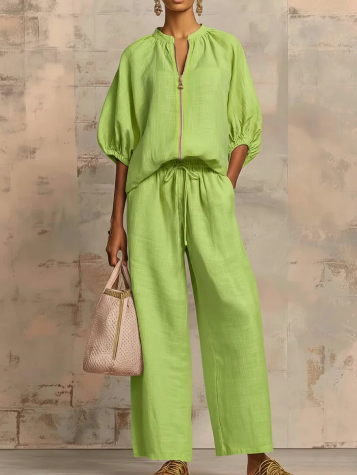 ✨Solid Color Lapel Zipper Two-Piece Pant Set☁️