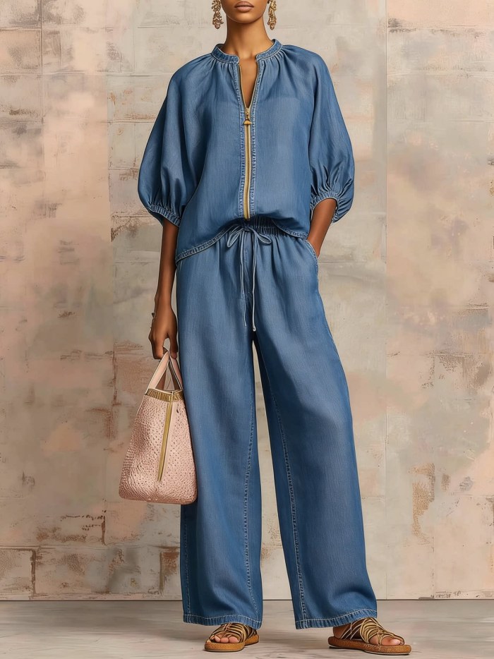 ✨Solid Color Lapel Zipper Two-Piece Pant Set☁️