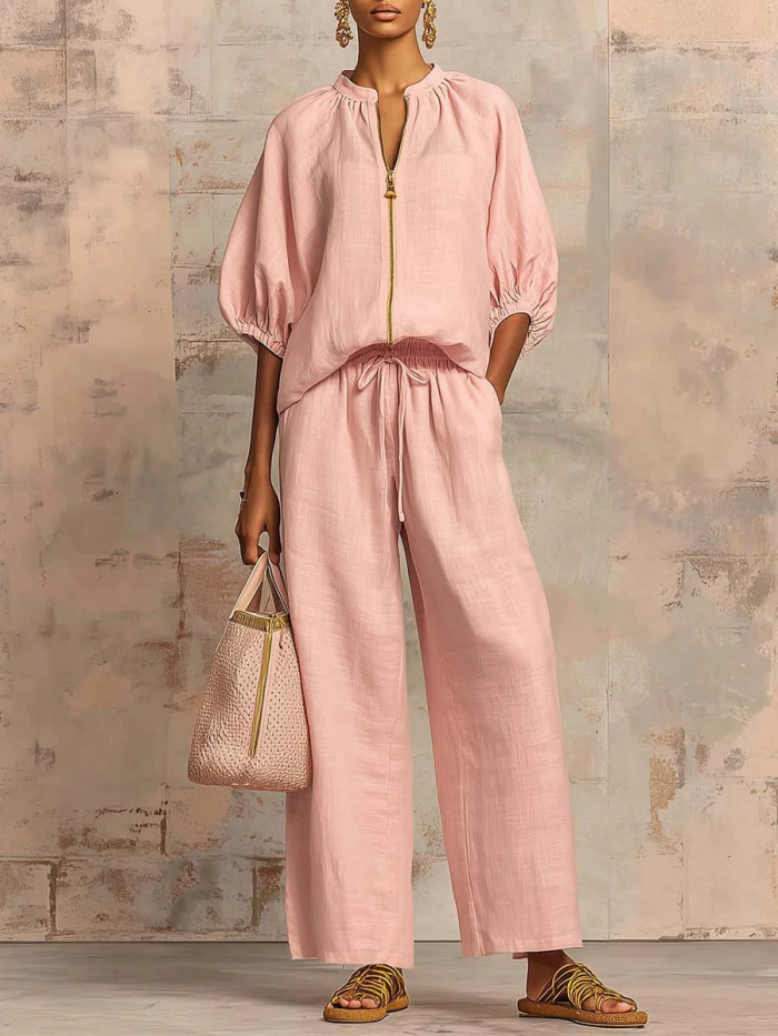 ✨Solid Color Lapel Zipper Two-Piece Pant Set☁️