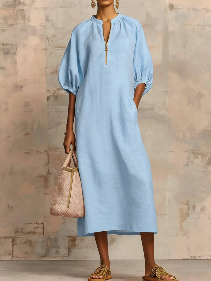 ✨Solid Color Zipper V-Neck Short Sleeve Maxi Dress🌿