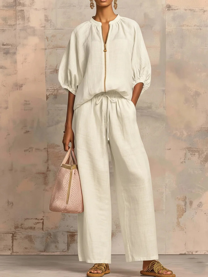 ✨Solid Color Lapel Zipper Two-Piece Pant Set☁️