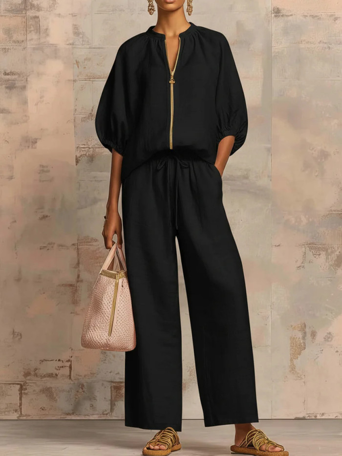 ✨Solid Color Lapel Zipper Two-Piece Pant Set☁️