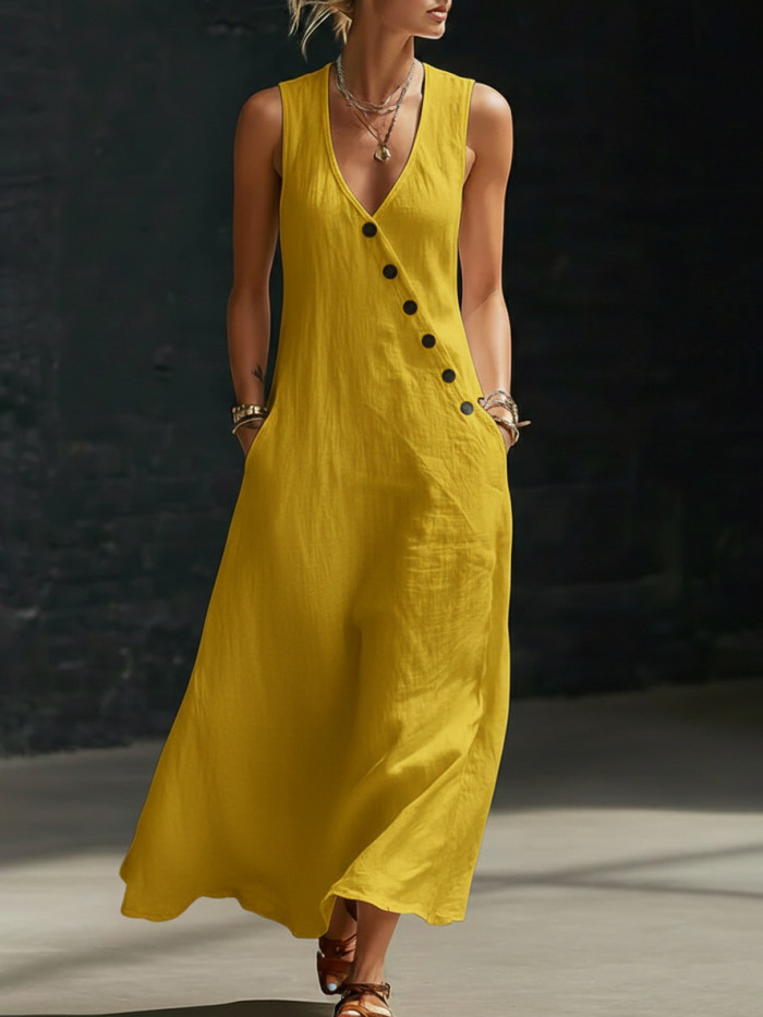 ✨Sleeveless V-Neck Button Patchwork Solid Maxi Dress🤍
