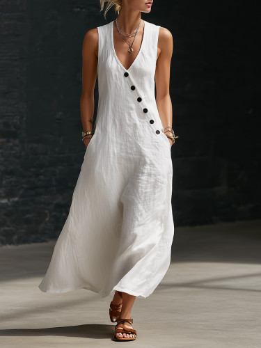 ✨Sleeveless V-Neck Button Patchwork Solid Maxi Dress🤍