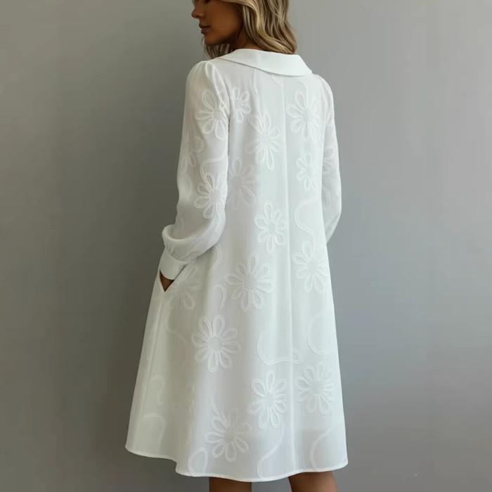 ✨Solid Shirt Collar Long Sleeve Button Midi Dress🤍