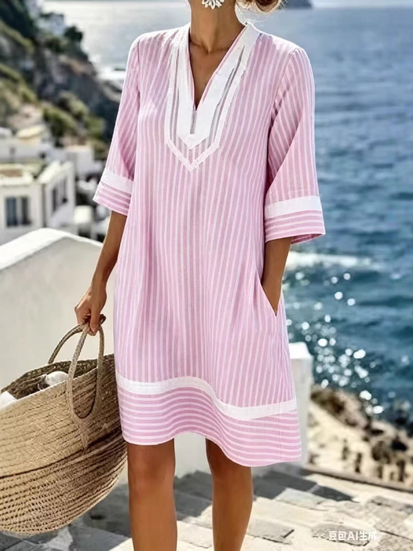 ✨Blue Striped V-Neck Half Sleeve Loose Beach Dress🌊