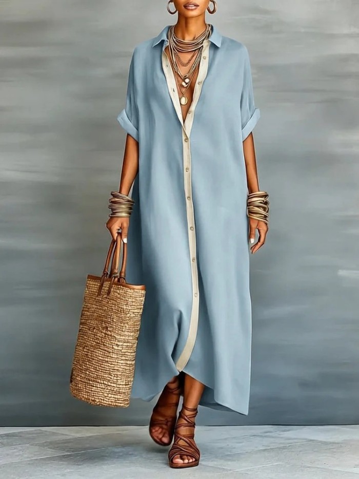 ✨Turn-Down Collar Button Patchwork Solid Shirt Maxi Dress🤍