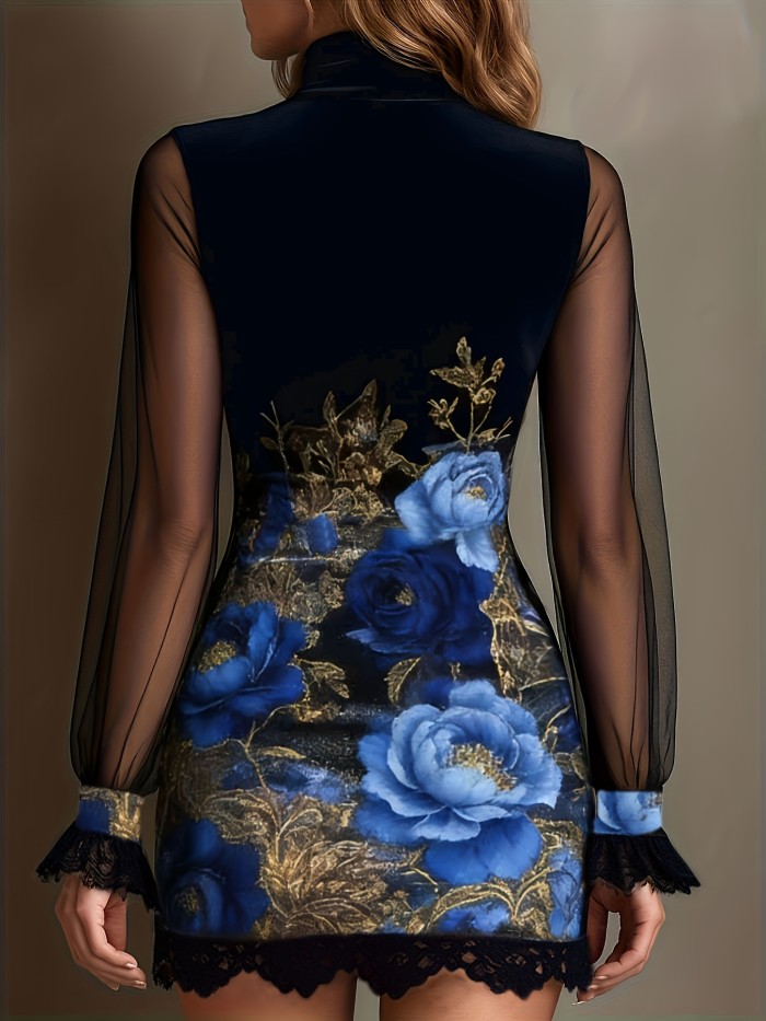 ✨Velvet Floral Lace Splicing Mesh Hip Mini Dress🌹