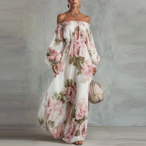 ✨Off Shoulder Long Sleeve Floral A-line Maxi Dress🌷