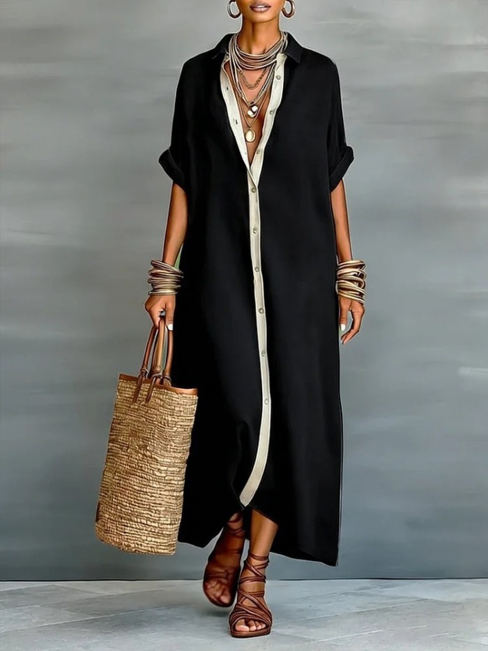✨Turn-Down Collar Button Patchwork Solid Shirt Maxi Dress🤍