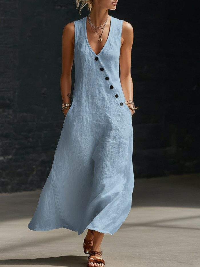 ✨Sleeveless V-Neck Button Patchwork Solid Maxi Dress🤍
