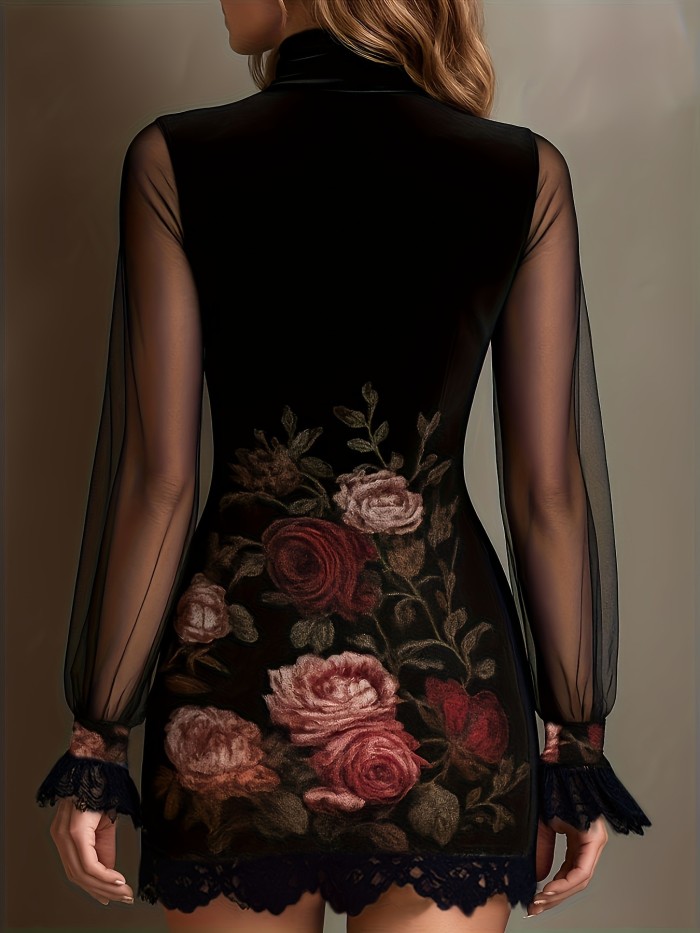 ✨Velvet Floral Lace Splicing Mesh Hip Mini Dress🌹