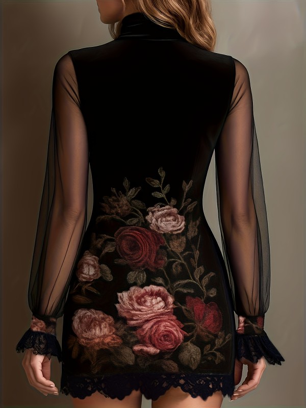 ✨Velvet Floral Lace Splicing Mesh Hip Mini Dress🌹