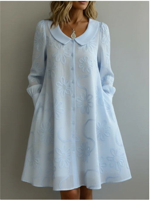 ✨Solid Shirt Collar Long Sleeve Button Midi Dress🤍