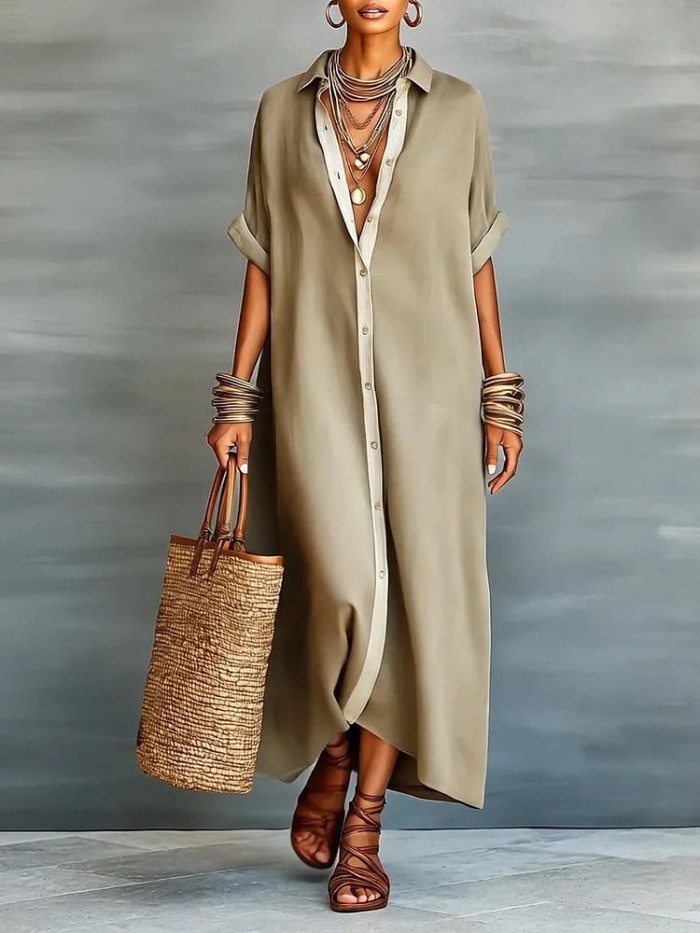 ✨Turn-Down Collar Button Patchwork Solid Shirt Maxi Dress🤍